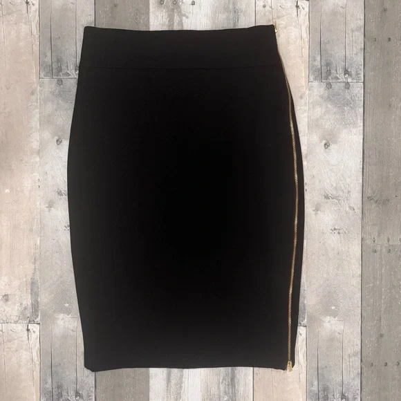 Express High Waist Chic Black Pencil Skirt with Gold Zipper - Picture 2 of 11